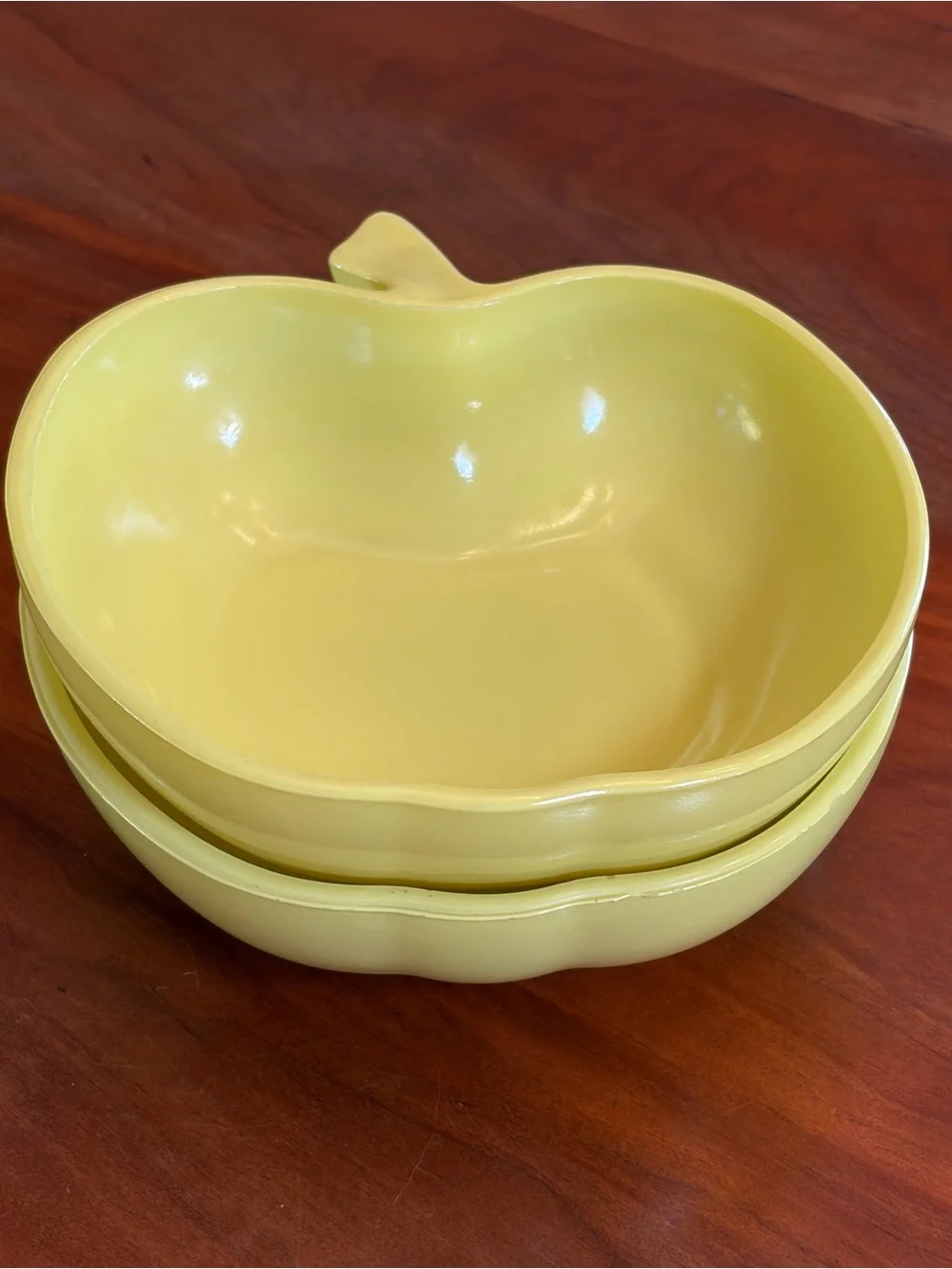 Vintage Hazel-atlas Platonite Milk Glass Chartreuse Apple bowls Orchard Ware 50s